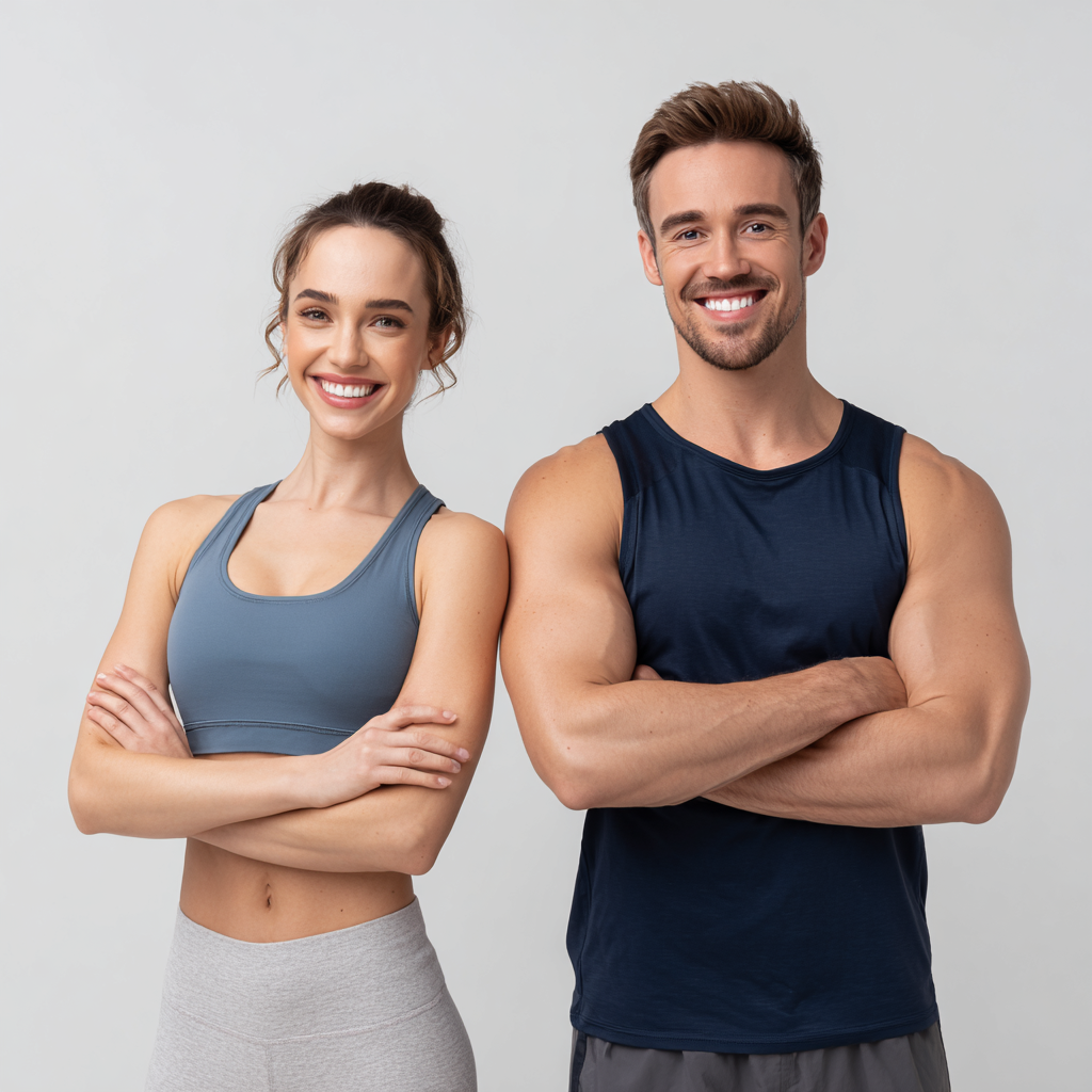 Усмихната жена на европейска възраст около 35 години в спортно облекло, седнала на фитнес топка в модерна фитнес зала, изглежда здрава и енергична