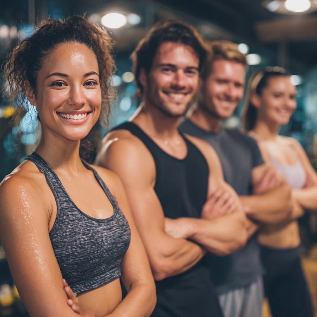 Усмихнат мъж на европейска възраст около 40 години в спортен екип, стоящ в съвременна фитнес зала с професионално оборудване, изглежда уверен и професионален