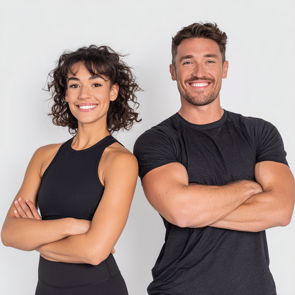 Усмихната двойка - мъж и жена на европейска възраст около 30 години в спортно облекло, стоящи заедно в модерна фитнес зала, изглеждат здрави и мотивирани