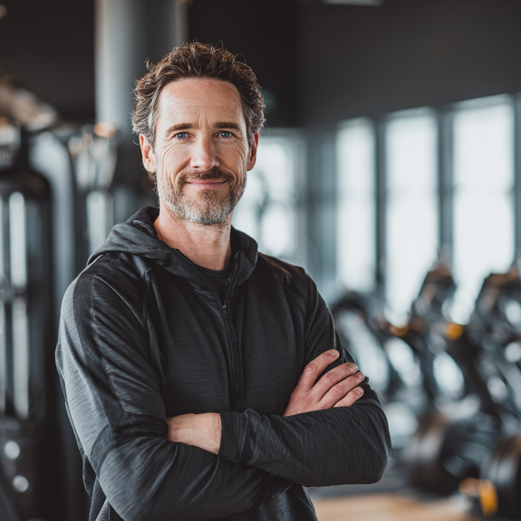 Усмихната жена на европейска възраст около 45 години в удобно спортно облекло, правеща растяжка в светла фитнес зала, изглежда спокойна и концентрирана